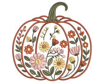 Floral pumpkin embroidery design, autumn pumpkin with flowers, fall harvest embroidery pattern, rustic farmhouse decor