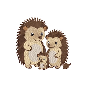 May include: An embroidered design featuring a hedgehog family of three. The hedgehogs have brown quills, tan bodies, and smiling faces. The image is set against a white background, creating a clean and simple aesthetic.