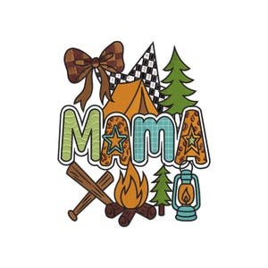 Camping Mama Embroidery Design, Outdoor Tent Campfire Lantern Machine Embroidery Pattern for Hoodie Shirt Tote Digital File