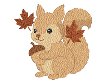 Squirrel Embroidery Design, Cute Woodland Animal with Acorn Machine Embroidery Pattern, Autumn Forest Digital File for Clothes and Decor