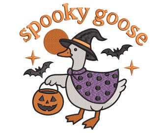 Spooky goose embroidery design, Halloween witch goose with pumpkin, cute goose machine embroidery file, Halloween decor pattern