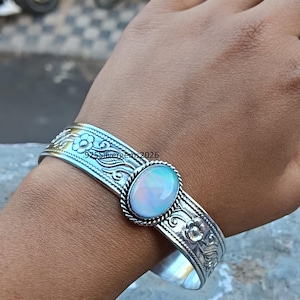 Aurora Opal Armring, Sterlingsilver Manschett, Justerbara Statement-smycken
