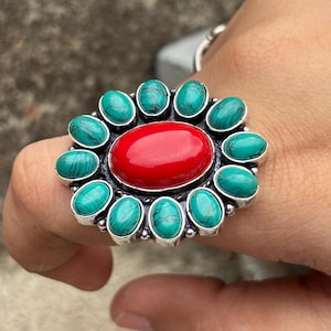 Red Coral And Turquoise Flower Ring, 925 Sterling Silver Ring, Women Ring, Handmade Designer Ring, Coral And Turquoise Gemstone Jewellery