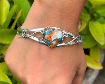 Oyster Copper Turquoise Heart Bangle: 925 Sterling Silver, Adjustable