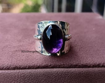 Handmade Sterling Silver Amethyst Ring: Oval Gemstone Band