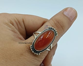 Handmade Carnelian Sterling Silver Ring, Boho Statement Jewelry