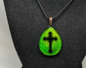 Handcrafted Fused Glass Pendant, Teardrop, Cross, Green, Dichroic Glass, Necklace, Each
