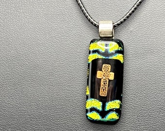 Handcrafted Fused Glass Pendant, Rectangle, Cross, Black, Dichroic Glass, Necklace, Each