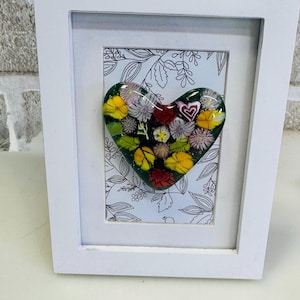 Framed Glass Art, Heart, Fused Glass, Love, Handmade Decor, House Warming Gift, Spring, Flowers, Rose, Leaves, Devotion, Friend, Each