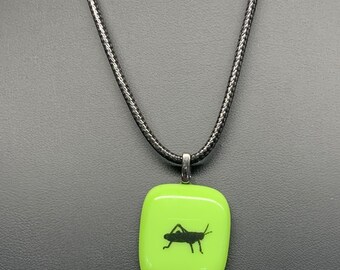 Handcrafted Necklace, Grasshopper, Green, Fused Glass, Pendant, Each
