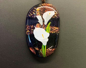 Calla Lilly Fused Glass Pendant, Black, White, Leatherette, Landscape, Nature, Dichroic, Oval, Each
