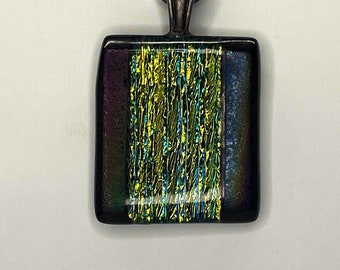 Rectangular Fused Glass Dichroic Pendant, Metallic, Steampunk, Necklace, Each