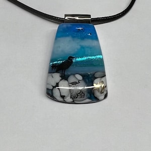 Handcrafted Pendant Necklace, Sandpiper, Blue, White, Black, Dichroic Glass, Landscape, Each