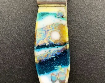 Fused Glass Pendant, Blue, Brown, White, Silver, Abstract, Reactive Glass, Beaded Necklace, Each