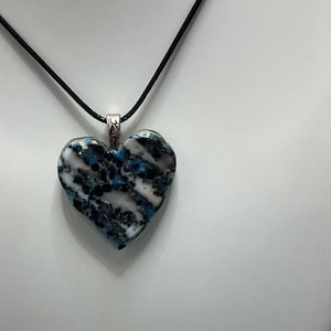 Handcrafted Fused Glass Pendant, Heart, Reactive, Fused Glass, White, Black, Blue, Pendant Necklace, Each