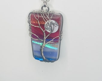 Fused Glass Necklace, Handmade, Tree of Life, Stainless Steel Wire, Moon, Glass Art, Purple Glass, Red Glass, Wire Wrap Tree Pendants, Each