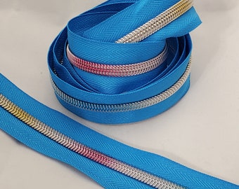 Metallic Rainbow on Medium Blue #5 zipper by the yard ~ Pulls sold separately