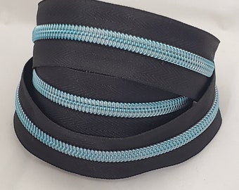 Metallic Teal on Black #5 zipper by the yard ~ Pulls sold separately
