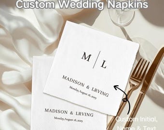 May include: White custom wedding napkins with the text "Custom Wedding Napkins". The napkins are printed with initials, names, and the wedding date. A gold fork and knife are next to the napkins.