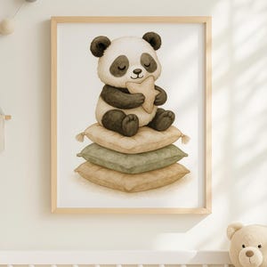Panda Nursery Wall Art | Baby Panda on Pillows Holding Star | Printable Baby Room Decor | Neutral Boho Animal Art for Kids