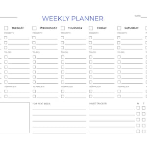 Peut inclure: Un planificateur hebdomadaire blanc avec un en-tête bleu indiquant « PLANIFICATEUR HEBDOMADAIRE ». Le planificateur comprend des sections pour chaque jour de la semaine, avec des espaces pour les priorités, les listes de tâches et les rappels. Il y a aussi un suivi des habitudes et une section notes.