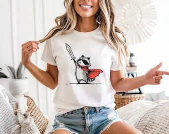 Warrior Raccoon Shirt, Funny Raccoon Tee, Fantasy Animal Tshirt, Cute Warrior Shirt, Cartoon Hero Tee, Adventure Graphic Tshirt