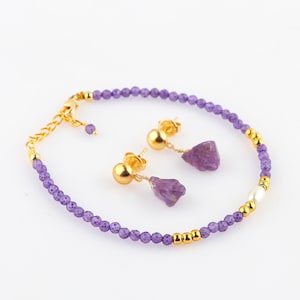 Raw Amethyst Bracelet & Earrings Set, Purple Beaded Jewelry, Handmade Gemstone Gift, Gold Plated Jewelry, Boho Crystal Set, Gift For Her
