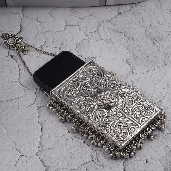 Hand Engraved Copper Brass Phone Pouch, Antique Oxidized Tribal Bag