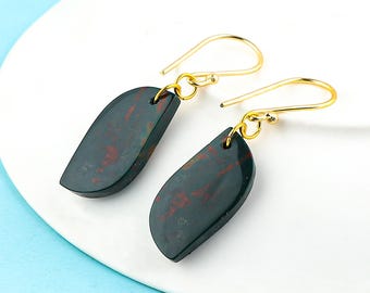 Pendants d'oreilles avec pierre de sang | Crochets plaqués or, bijoux héliotrope
