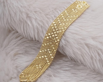 Gold-Plated Mesh Bracelet for Women, 8 Inch Beaded Bracelet, Chunky Gold Cuff, Bridal Jewelry, Ethnic Wedding Bracelet, Gift for Her