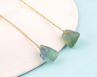 Raw Green Fluorite Threader Earrings, Gold Plated Dangle, Minimalist Boho Jewelry