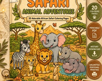 Malbuch mit Safari-Tieren | Safari-Malvorlagen | Malbuch zum Ausdrucken (PDF) | Niedliche Tiermalvorlagen | Sofortiger digitaler Download