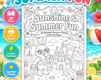 Sommer Malbuch PDF | Ausmalbilder Strand | Niedliches Tier Malbuch | Sofortdownload | Sommeraktivitäten für Kinder