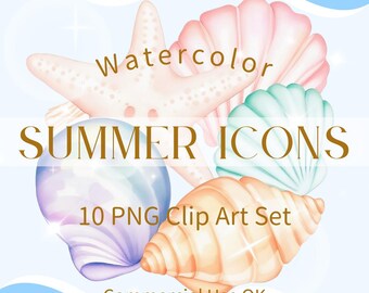 Watercolor Summer Icons | 10 PNG Clip Art Set | Tropical & Beach Digital Elements | Commercial Use
