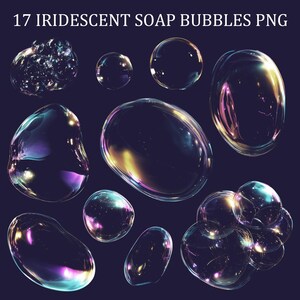 Puede incluir: Imagen de 17 burbujas de jabón iridiscentes de diversas formas y tamaños sobre un fondo oscuro. Las burbujas reflejan la luz, mostrando colores como el morado, amarillo y azul. El texto "17 IRIDESCENT SOAP BUBBLES PNG" se encuentra en la parte superior.
