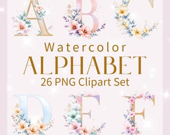 Watercolor Floral Alphabet Clipart – A to Z PNG Set (26 Letters)