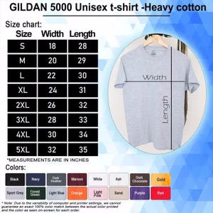 Puede incluir: Una tabla de tallas para camiseta unisex Gildan 5000 de algod&oacute;n pesado que muestra medidas de ancho y largo en pulgadas para tallas de S a 5XL. El gr&aacute;fico incluye una gu&iacute;a visual sobre una camiseta gris y una paleta de quince colores.