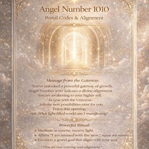 Puede incluir: Un pergamino decorativo con el texto "Angel Number 1010" y "Portal Codes & Alignment". El pergamino presenta un diseño de arco dorado y texto detallado sobre el despertar espiritual y la alineación. El pergamino es beige con detalles dorados.