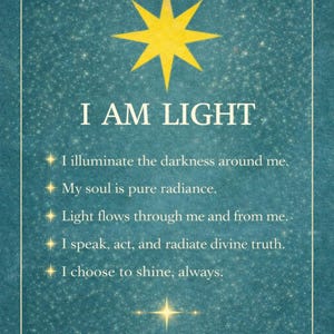 May include: A teal-colored card with the text "I AM LIGHT" and affirmations. A yellow star and other starbursts are at the top. The card is from "RETURN TO RADIANCE".