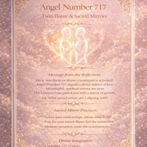 Puede incluir: Una impresión estilo pergamino con el texto "Angel Number 717" y "Twin Flame & Sacred Mirrors". La imagen presenta un fondo rosa suave con una ilustración brillante de dos figuras y texto sobre uniones espirituales.