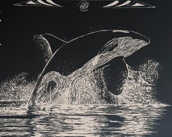 Original Orca Scratch Art: Marine Animal Home Decor