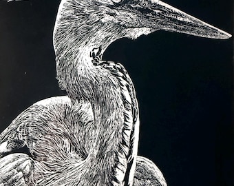 Original Great Blue Heron Scratch Art,  Unique animal art, Unique Home Decor, Birthday/Holiday Gift