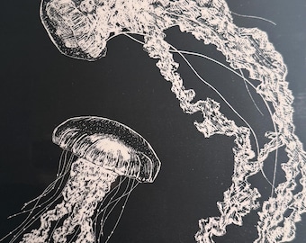 Jellyfish Scratch Art | Handcrafted Black & White Animal Illustration