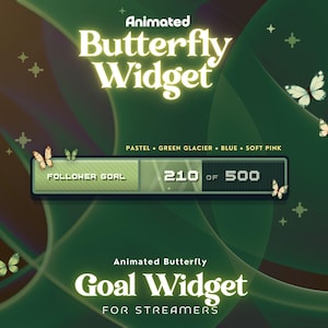 Può includere: Un widget animato a forma di farfalla per streamer con il testo Animated Butterfly Widget e Animated Butterfly Goal Widget for Streamers. L'interfaccia mostra una barra di avanzamento dell'obiettivo follower con 210 su 500 e accenti in verde pastello, blu ghiaccio e rosa tenue.
