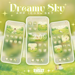 May include: A digital app icon set titled Dreamy Sky App Icon Set featuring three smartphone screens with a soft green meadow theme. The icons and widgets display illustrations of nature, clouds, and figures in a light, pastel green colour palette.