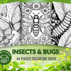 Op de afbeelding: Een kleurboek met drie covers met gedetailleerde zwart-wit illustraties van insecten. De covers tonen een vlinder, een bij en een rups. Het boek heet "INSECTS & BUGS" en bevat 20 pagina's.