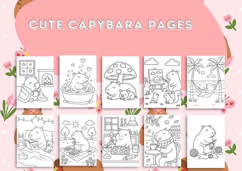 Cute Kawaii Capybara Coloring Book for Adults, Kids & Teens – 45 Cozy ...