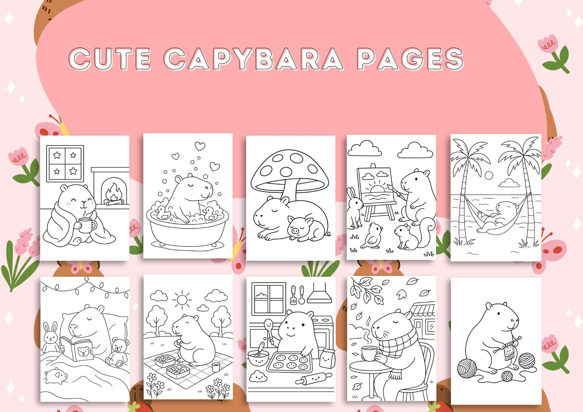 Cute Kawaii Capybara Coloring Book for Adults, Kids & Teens – 45 Cozy ...