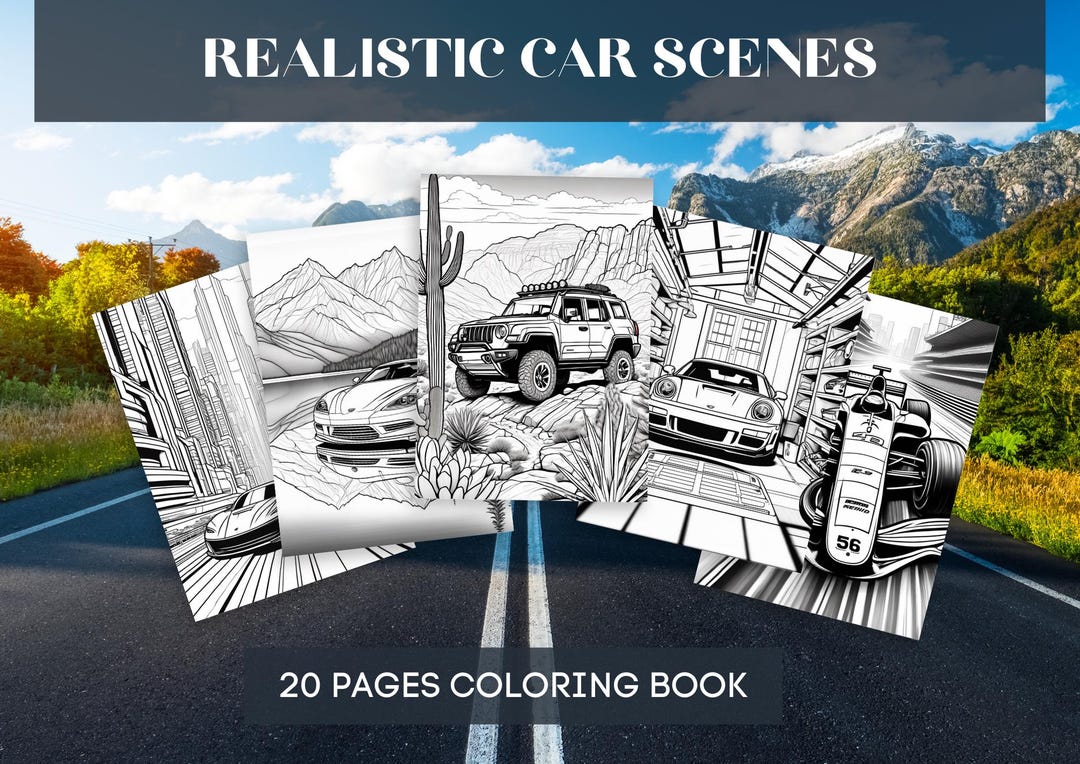 Realistic Cars Coloring Book for Adults | 20 Detailed Car Scenes ...