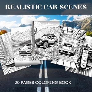 May include: A collection of coloring book pages featuring realistic car scenes. The pages depict various vehicles, including a jeep, sports cars, and a race car. The text "REALISTIC CAR SCENES" and "20 PAGES COLORING BOOK" are displayed.